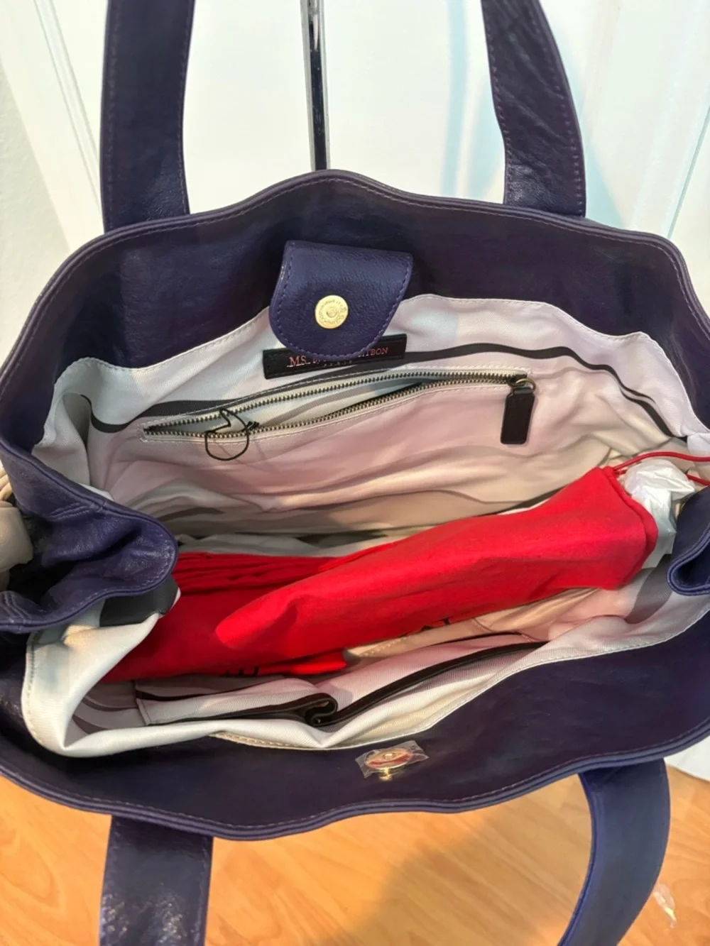 Structured Leather Tote in Plum with Beige Accents